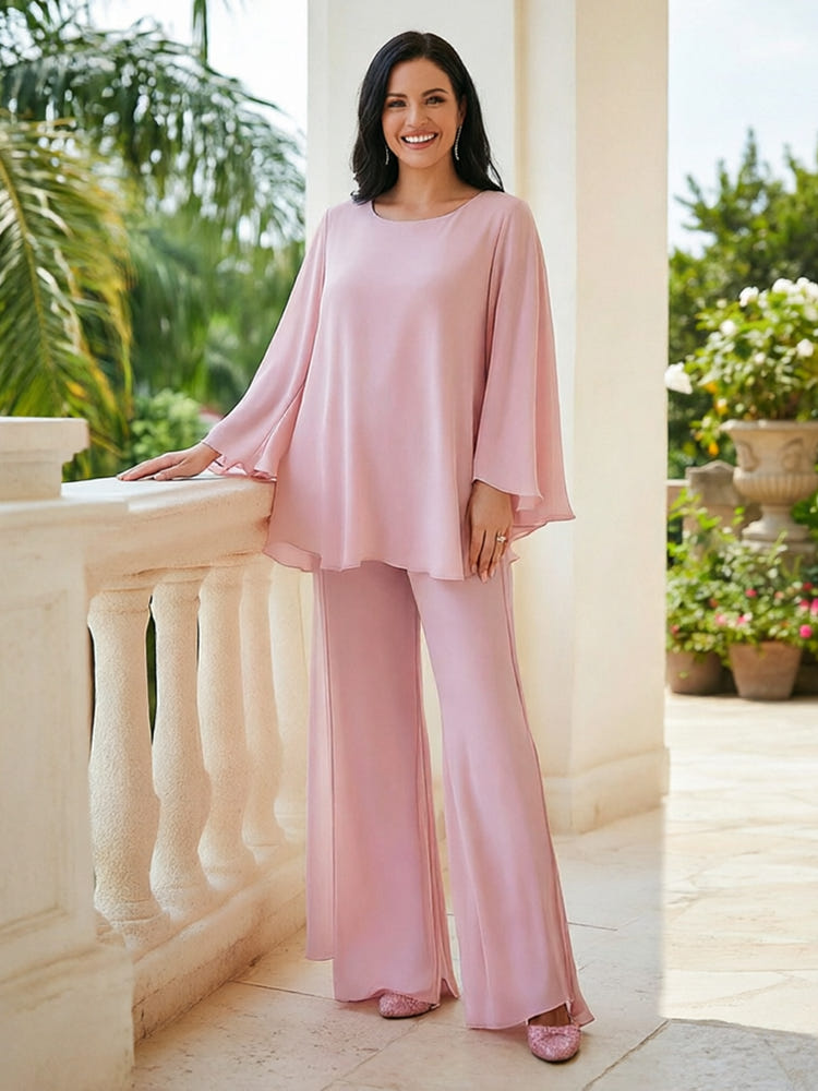 2 Pieces Chiffon Pantsuit Crew Neck Mother of the Bride Pantsuits with Ruffles