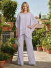 2 Pieces Chiffon Pantsuit Crew Neck Mother of the Bride Pantsuits with Caps