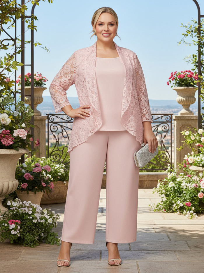 3 Pieces Chiffon Pantsuit Crew Neck Mother of the Bride Pantsuits with Jacket