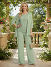 3 Pieces Chiffon Pantsuit Crew Neck Mother of the Bride Pantsuits with Jacket
