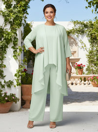 3 Pieces Chiffon Pantsuit Crew Neck Mother of the Bride Pantsuits with Jacket