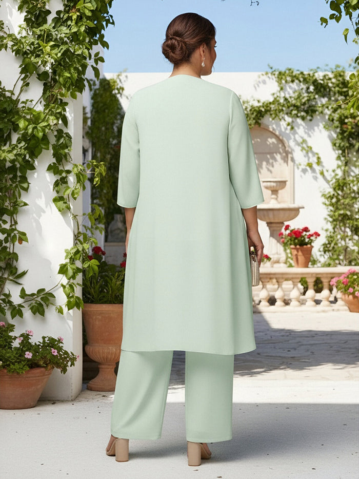 3 Pieces Chiffon Pantsuit Crew Neck Mother of the Bride Pantsuits with Jacket