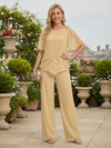 2 Pieces Chiffon Pantsuit Crew Neck Mother of the Bride Pantsuits with Tiered