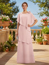 Long Chiffon A-Line Crew Neck Mother of the Bride Dresses with Caps