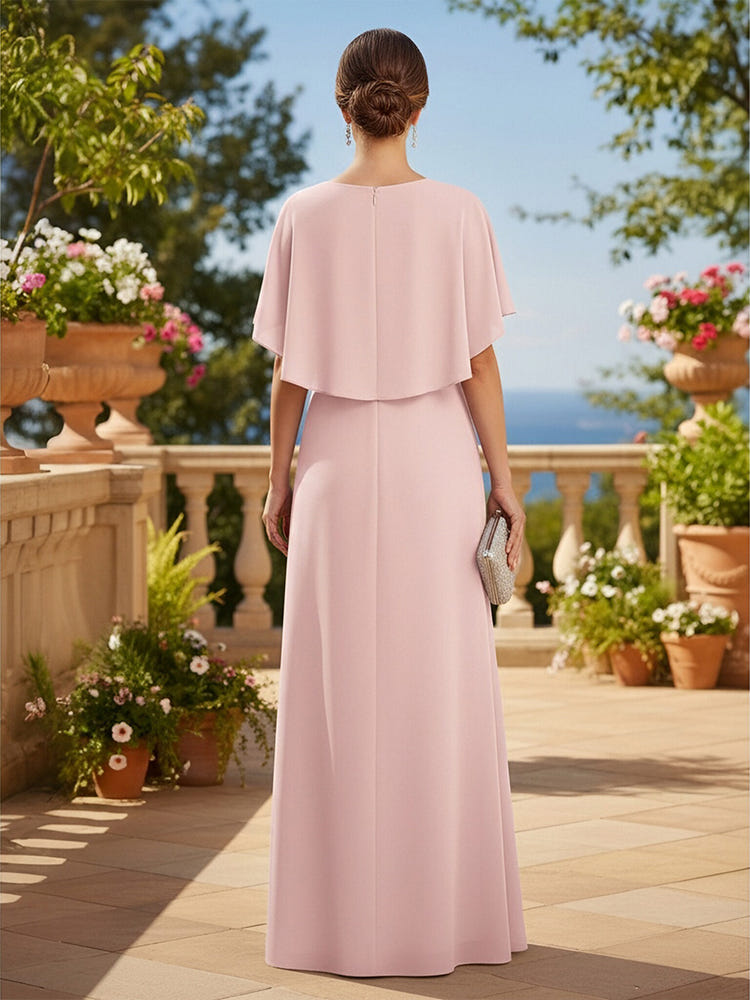 Long Chiffon A-Line Crew Neck Mother of the Bride Dresses with Caps