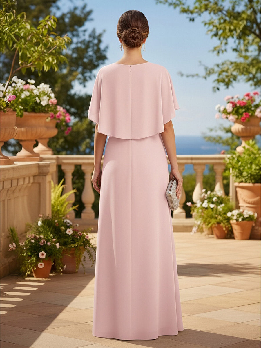 2 Pieces Chiffon A-Line Crew Neck Mother of the Bride Dresses with Caps