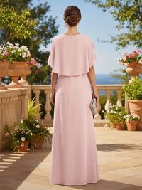 2 Pieces Chiffon A-Line Crew Neck Mother of the Bride Dresses with Caps