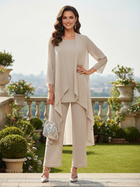 2 Pieces Chiffon Pantsuit Crew Neck Mother of the Bride Pantsuits with Jacket