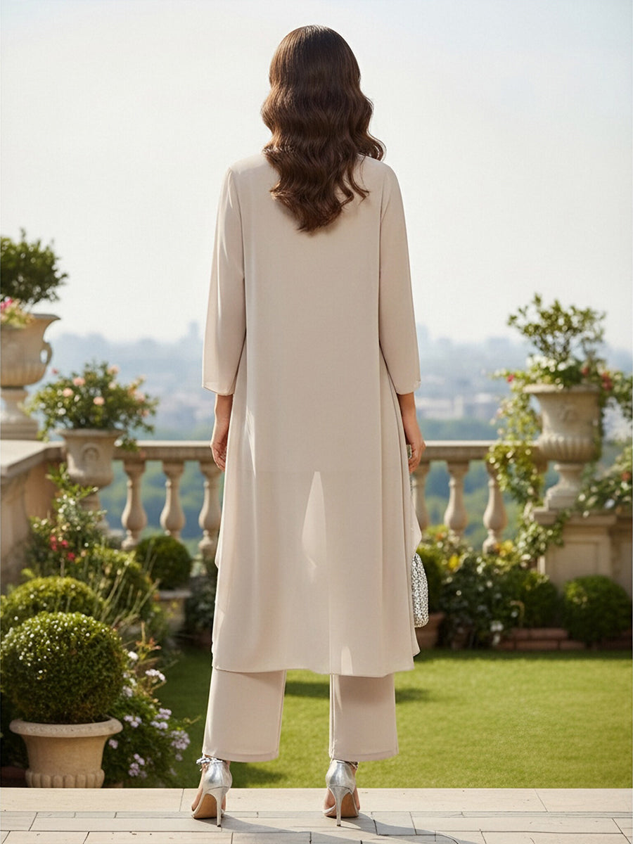 2 Pieces Chiffon Pantsuit Crew Neck Mother of the Bride Pantsuits with Jacket