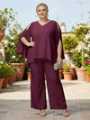 2 Pieces Chiffon Pantsuit V Neck Mother of the Bride Pantsuits with Carved