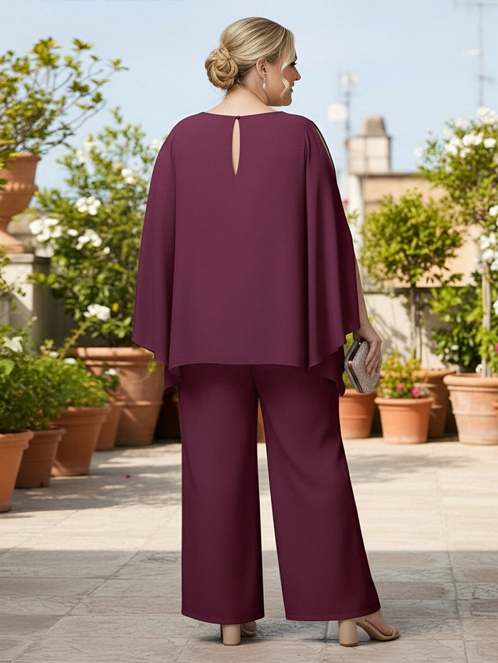 2 Pieces Chiffon Pantsuit V Neck Mother of the Bride Pantsuits with Carved