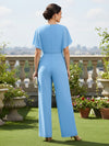 2 Pieces Chiffon Pantsuit with Flutter Sleeves V Neck Mother of the Bride Pantsuits with Pleats