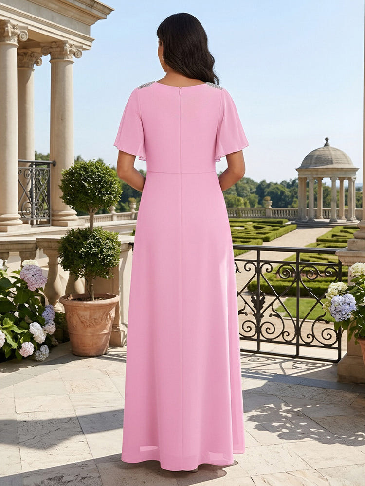2 Pieces Chiffon A-Line Crew Neck Mother of the Bride Dresses with Ruffles