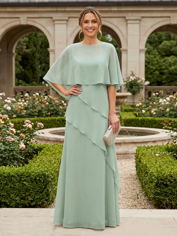 2 Pieces Chiffon A-Line Crew Neck Mother of the Bride Dresses with Caps