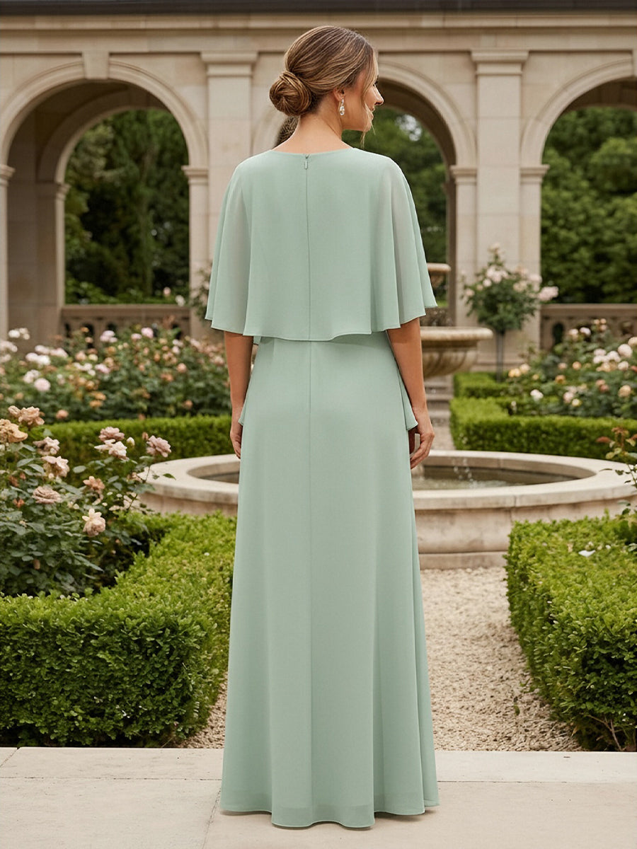 2 Pieces Chiffon A-Line Crew Neck Mother of the Bride Dresses with Caps