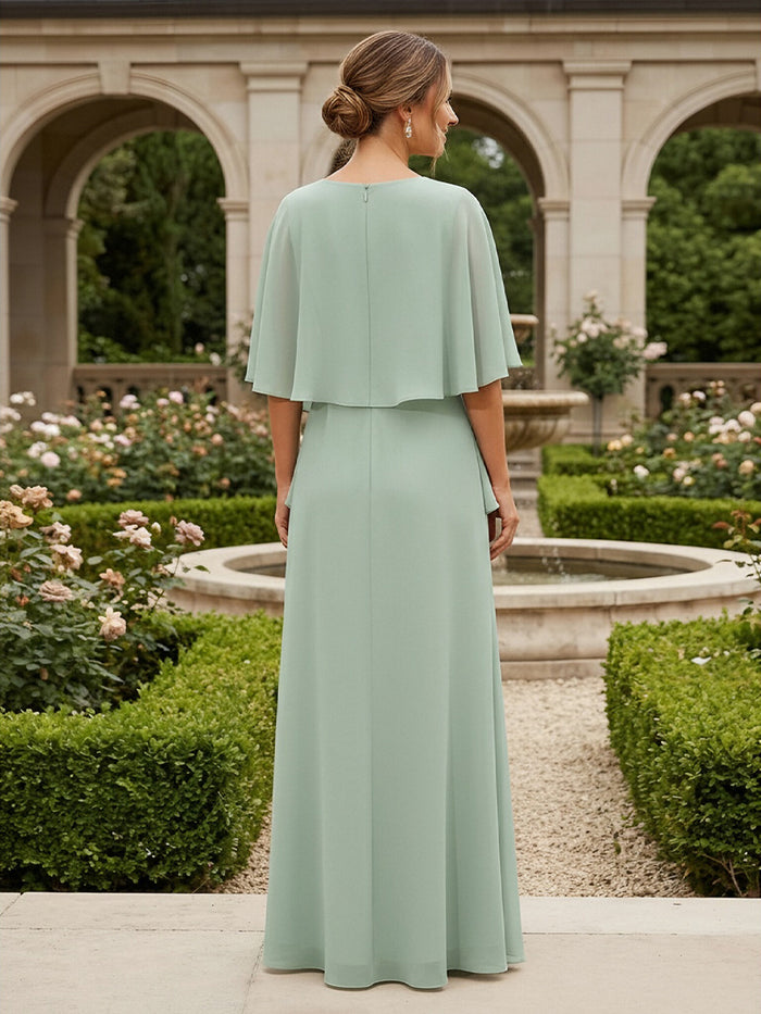 2 Pieces Chiffon A-Line Crew Neck Mother of the Bride Dresses with Caps