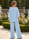2 Pieces Chiffon Pantsuit Crew Neck Mother of the Bride Pantsuits with Lace Applique