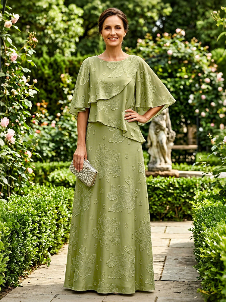 jacquard a line dress in green Sage Mother of the Bride Dresses 2026 for Women Elegant Two Piece Round Neck Floor Length Formal Evening Party Gown with Flutter Short Sleeve name-Manhattan Jacquard Neckline Size:Child-5 Top Picks Green Formal