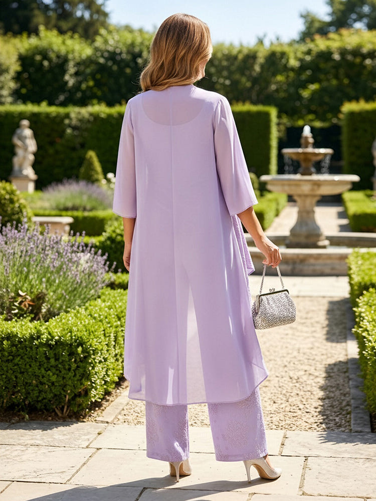 3 Pieces Jacquard Pantsuit Crew Neck Mother of the Bride Pantsuits with Jacket