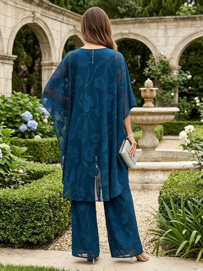 3 Pieces Tulle Pantsuit Crew Neck Mother of the Bride Pantsuits with Caps