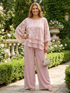 2 Pieces Chiffon Pantsuit Crew Neck Mother of the Bride Pantsuits with Ruffles