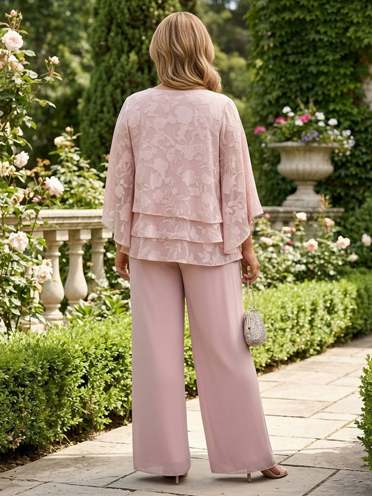 2 Pieces Chiffon Pantsuit Crew Neck Mother of the Bride Pantsuits with Ruffles