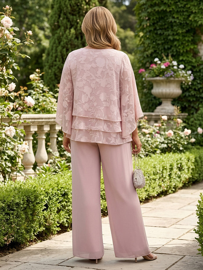 2 Pieces Chiffon Pantsuit Crew Neck Mother of the Bride Pantsuits with Ruffles