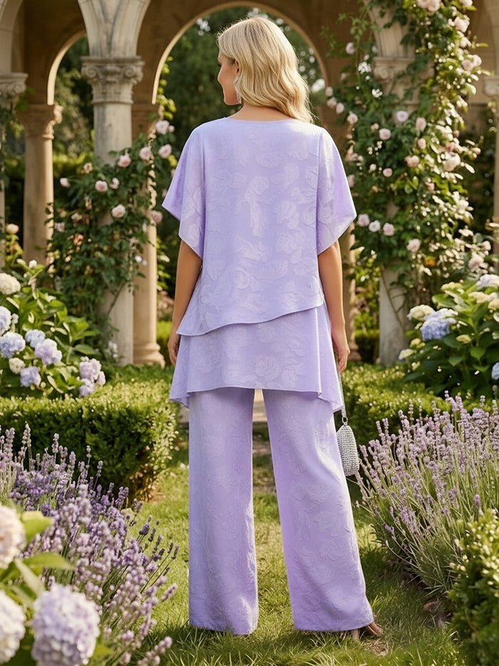 2 Pieces Jacquard Pantsuit Crew Neck Mother of the Bride Pantsuits with Ruffles
