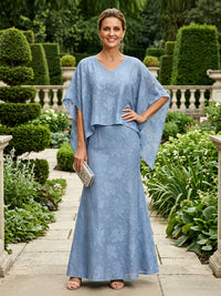 2 Pieces Jacquard A-Line V Neck Mother of the Bride Dresses with Caps