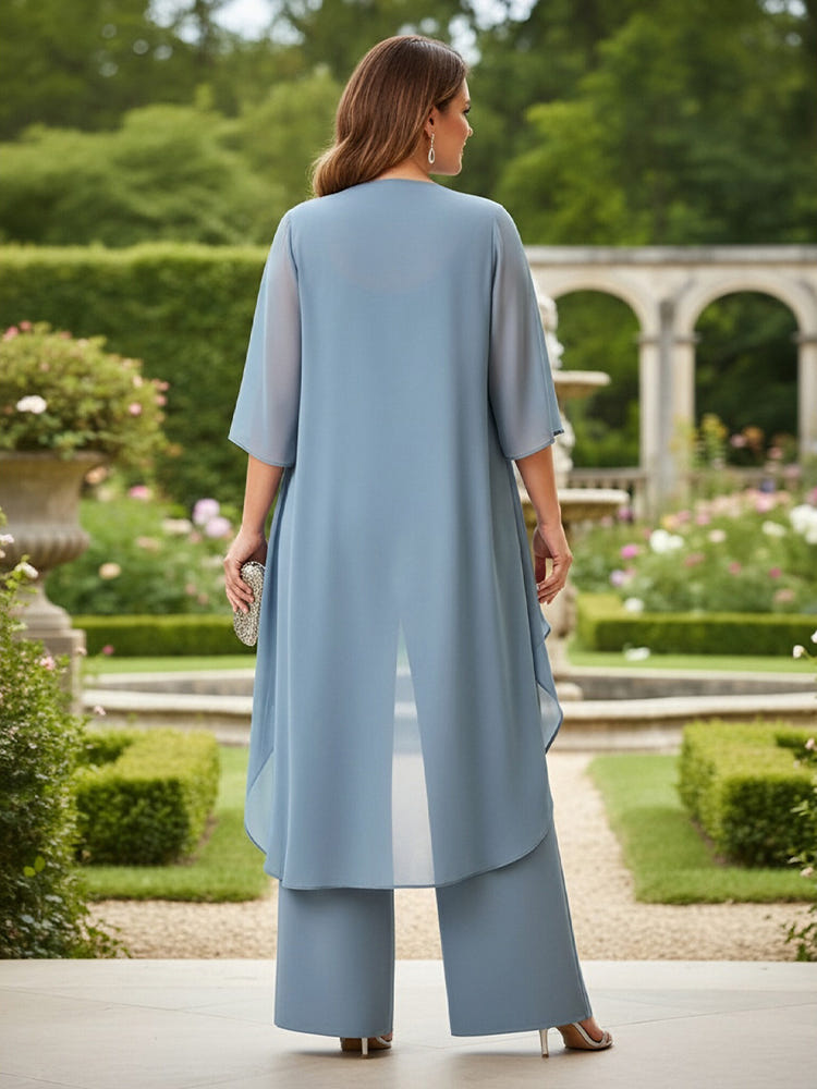 3 Pieces Chiffon Pantsuit Crew Neck Mother of the Bride Pantsuits with Jacket