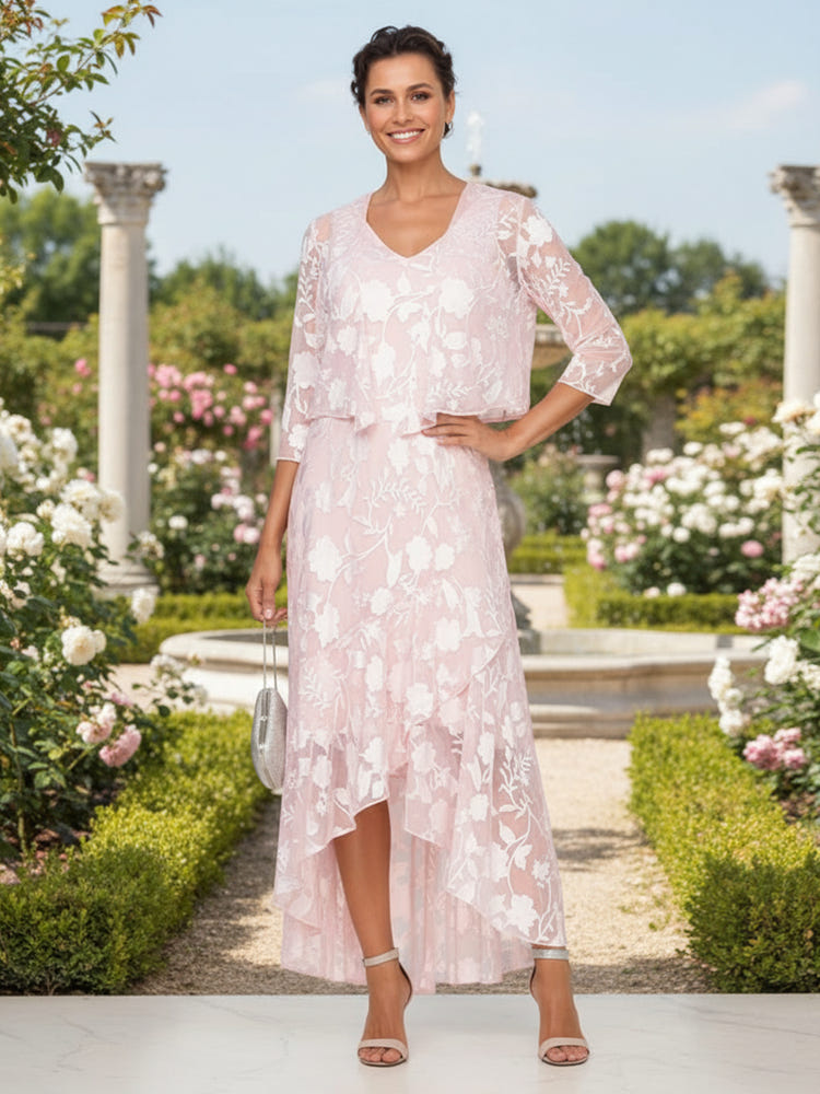 2 Pieces Jacquard High Low V Neck Mother of the Bride Dresses with Caps