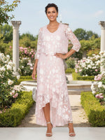 2 Pieces Jacquard High Low V Neck Mother of the Bride Dresses with Caps