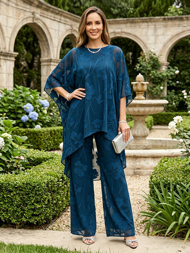 3 Pieces Tulle Pantsuit Crew Neck Mother of the Bride Pantsuits with Caps