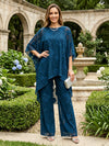 3 Pieces Tulle Pantsuit Crew Neck Mother of the Bride Pantsuits with Caps
