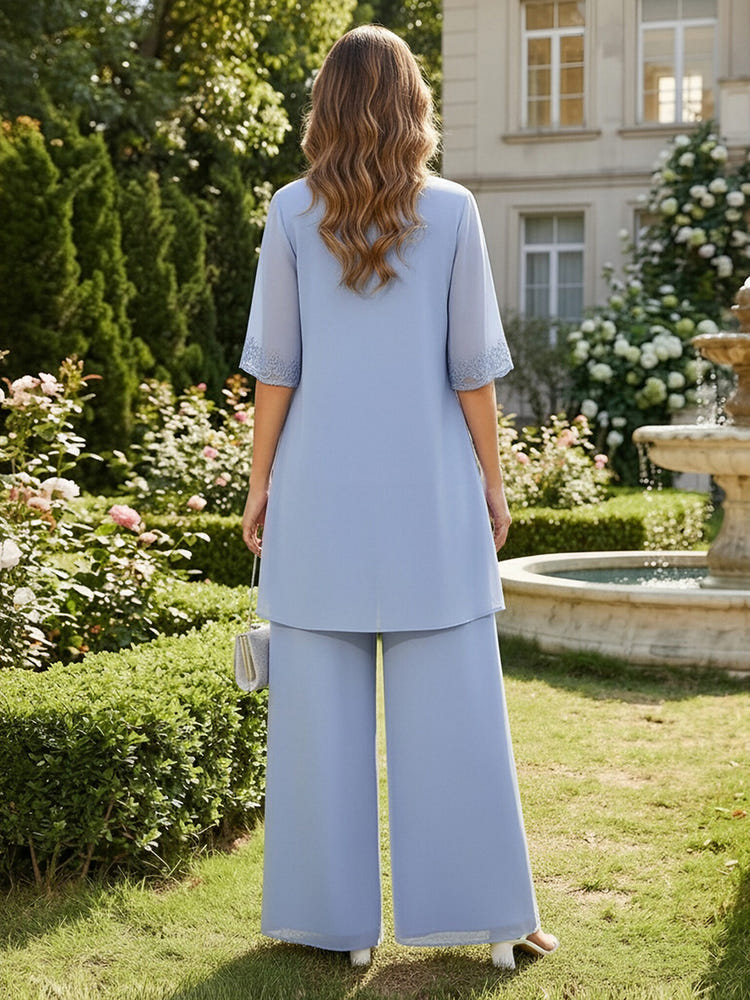 3 Pieces Chiffon Pantsuit Crew Neck Mother of the Bride Pantsuits with Jacket