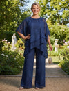 2 Pieces Jacquard Pantsuit Crew Neck Mother of the Bride Pantsuits with Caps