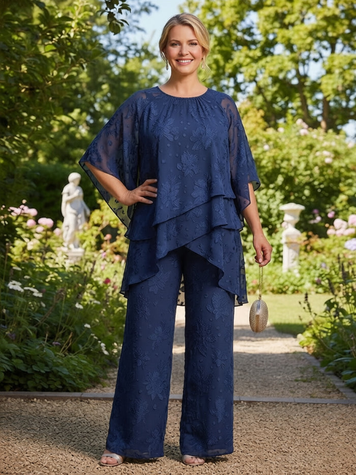 2 Pieces Jacquard Pantsuit Crew Neck Mother of the Bride Pantsuits with Caps