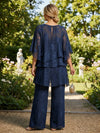 2 Pieces Jacquard Pantsuit Crew Neck Mother of the Bride Pantsuits with Caps