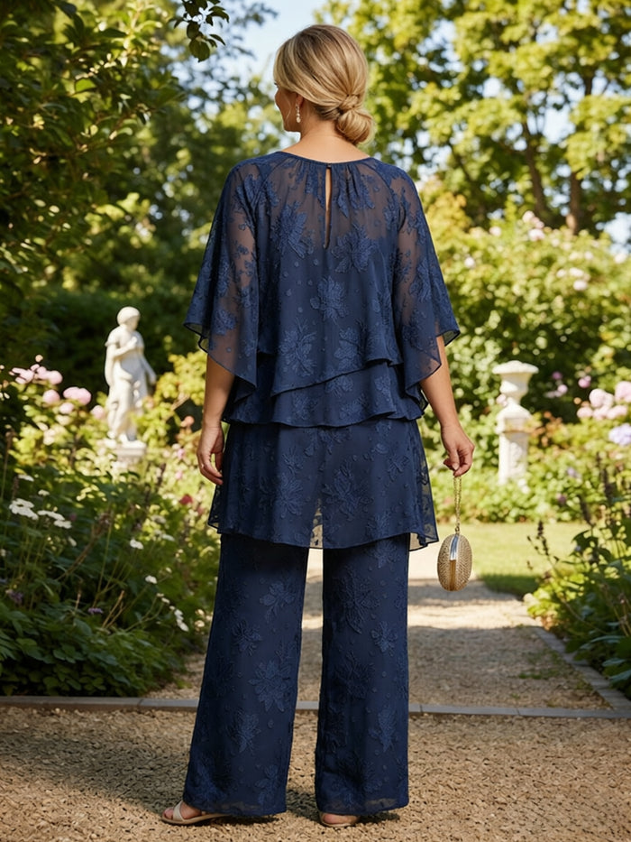 2 Pieces Jacquard Pantsuit Crew Neck Mother of the Bride Pantsuits with Caps