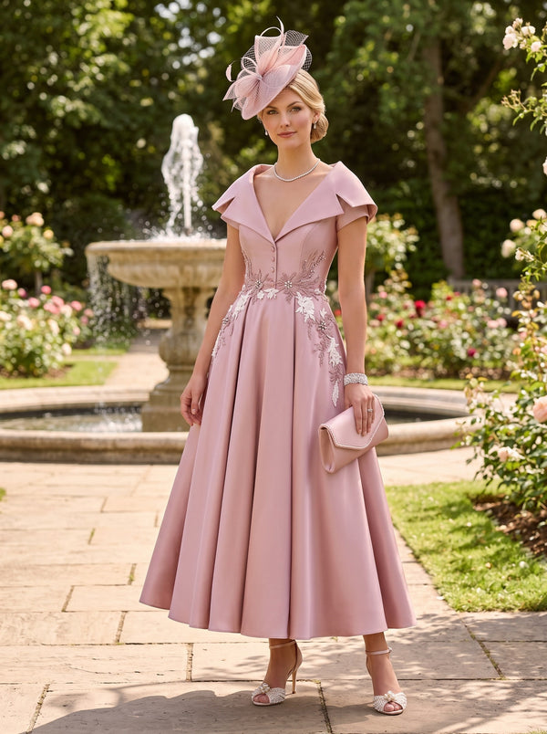 Satin A-Line V Neck Mother of the Bride Dresses with Lace Applique