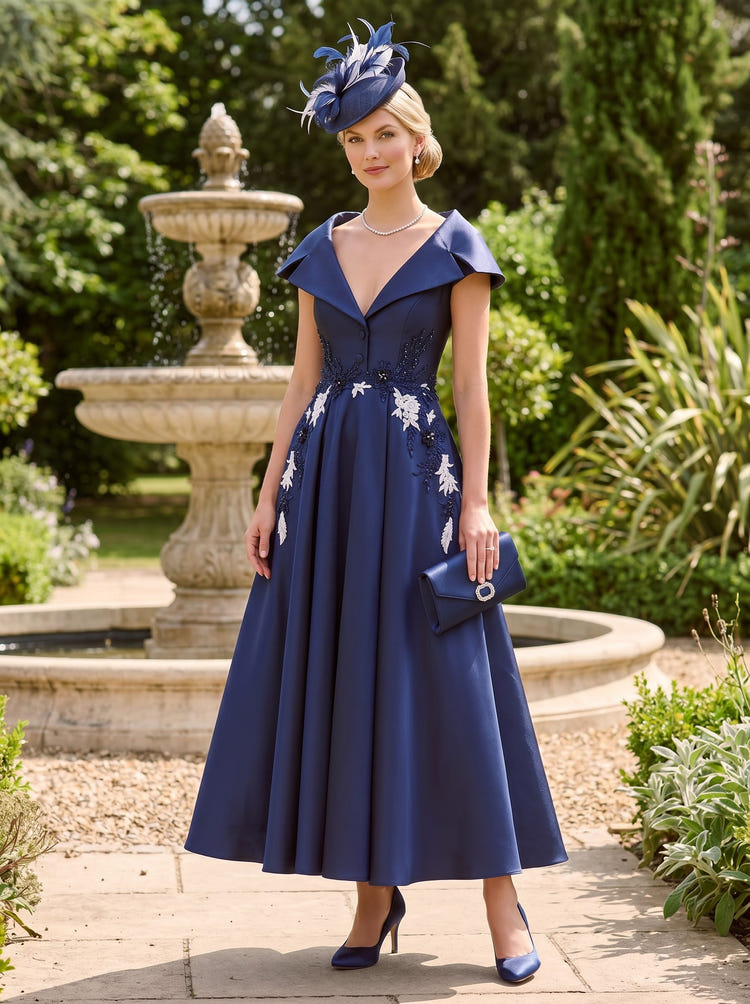 Satin A-Line V Neck Mother of the Bride Dresses with Lace Applique