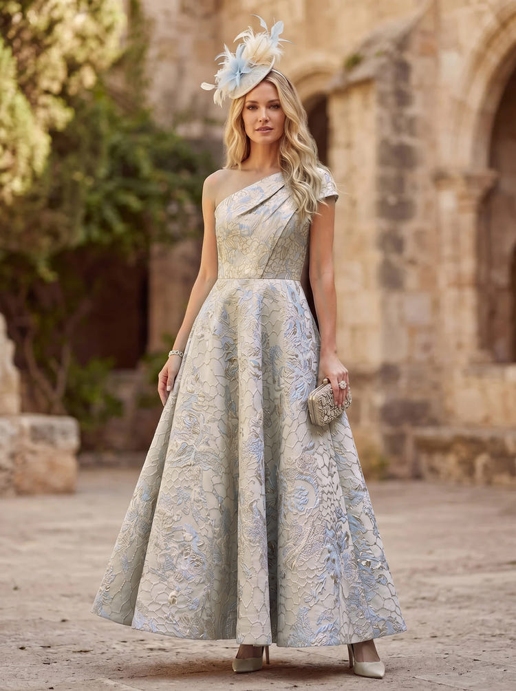 Jacquard A-Line One Shoulder Pleated Mother of the Bride Dresses