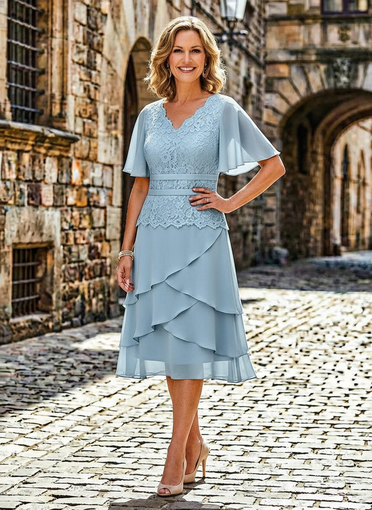 Chiffon Tiered Ruffles Mother of the Bride Dresses with Lace Appliques