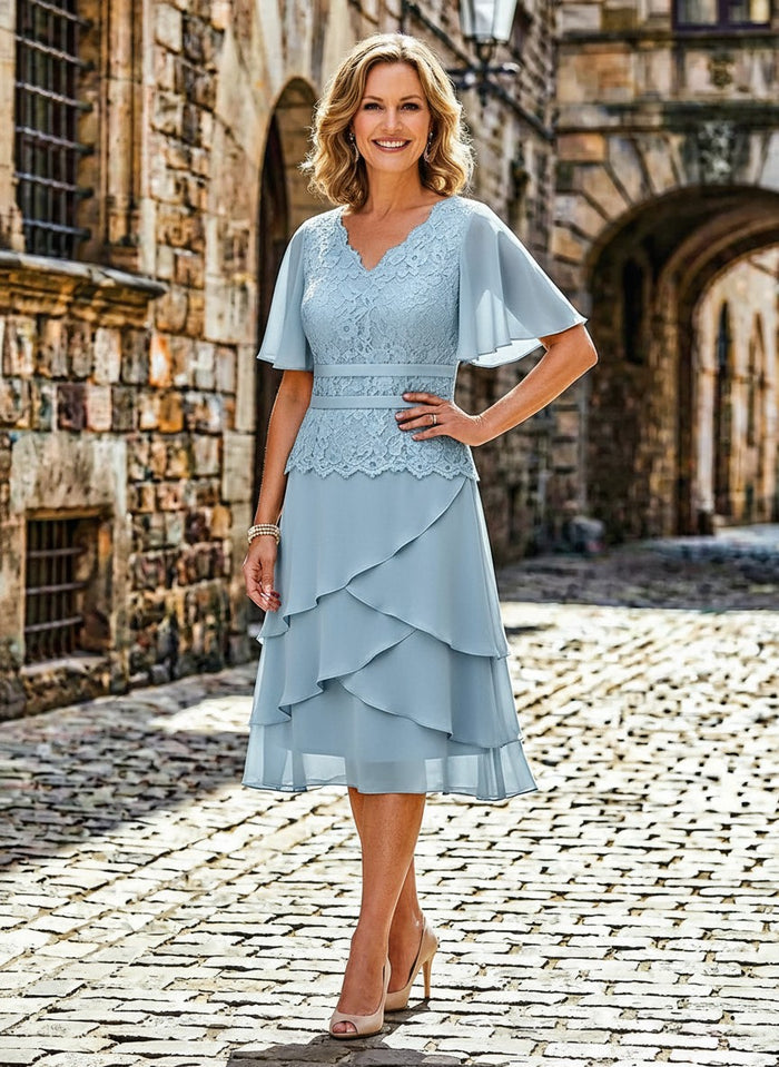 Chiffon Tiered Ruffles Mother of the Bride Dresses with Lace Appliques