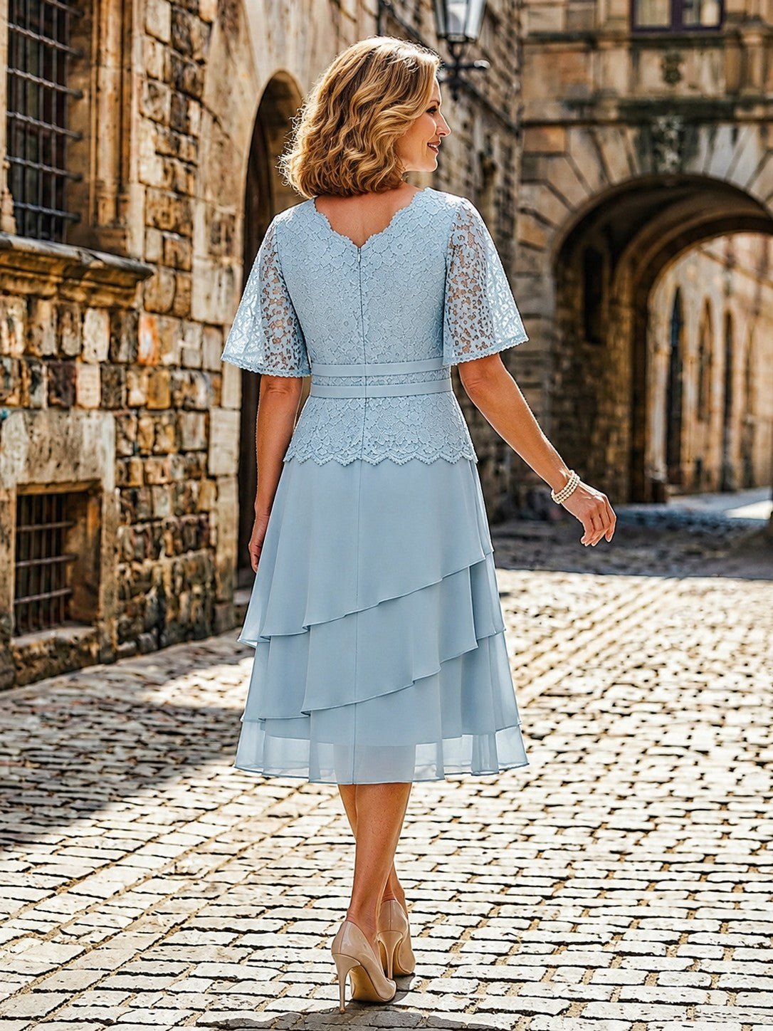 Chiffon Tiered Ruffles Mother of the Bride Dresses with Lace Appliques