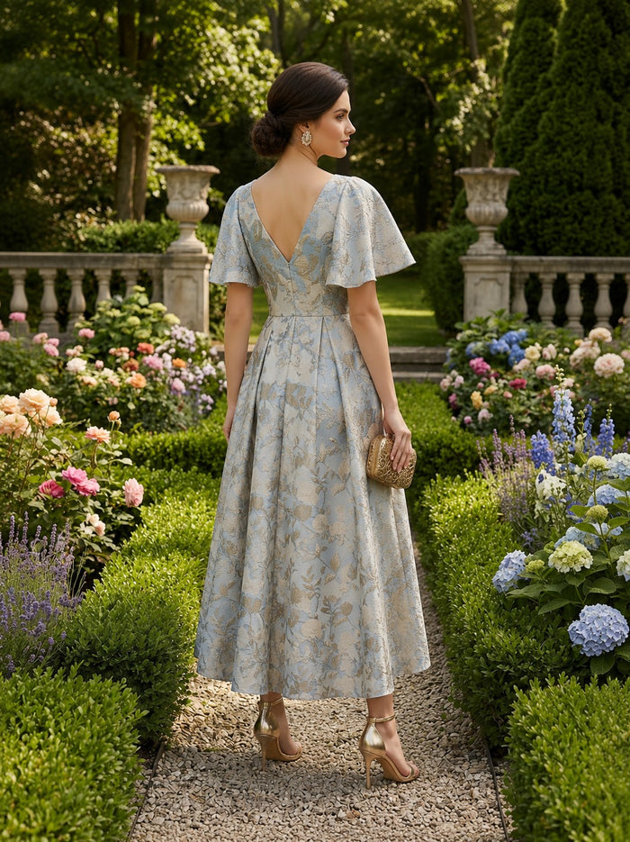 Jacquard High Low Mother of the Bride Dresses with Short Sleeves