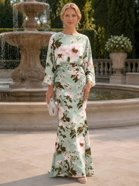Satin Mermaid Crew Neck Floral Print Mother of the Bride Dresses