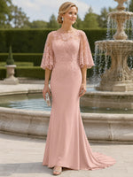 Satin Mermaid Crew Neck Mother of the Bride Dresses with Lace Applique