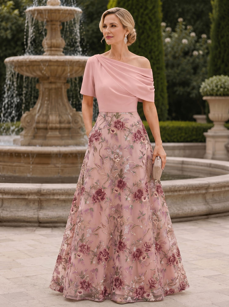 Tulle A-Line One Shoulder Mother of the Bride Dresses with Floral Embroidery