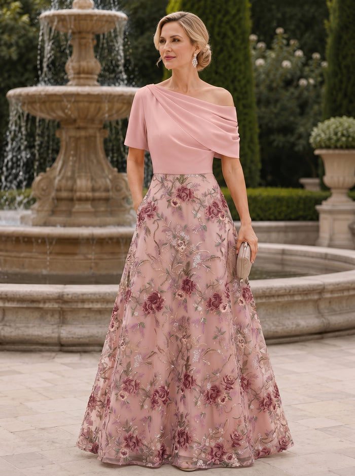 Tulle A-Line One Shoulder Mother of the Bride Dresses with Floral Embroidery
